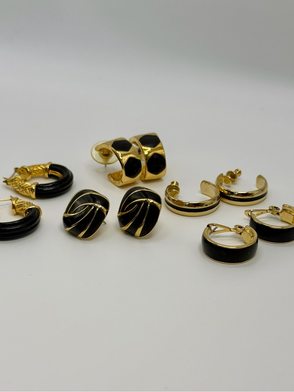 Vintage Monet & Napier Chunky Black & Gold Earring Lot (5 Pairs)